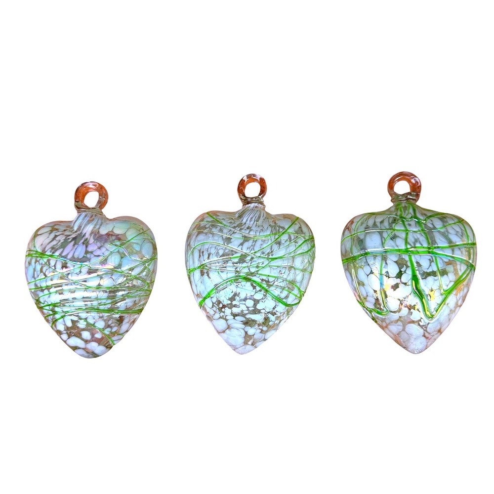 Handblown Glass Heart Ornament Set of 3 Green White Iridescent Suncatcher 3pc